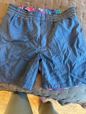 Robert Graham Navy Shorts with Multicolor Tropical Trim